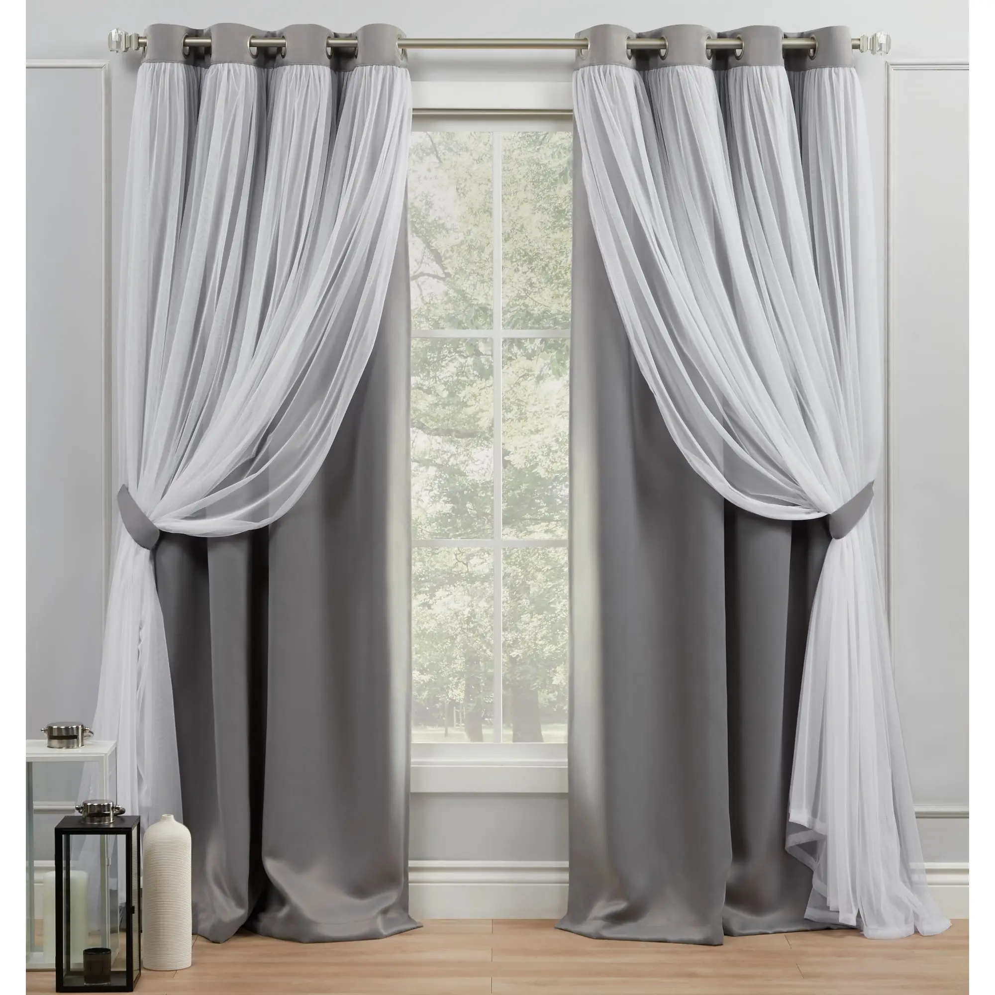 

Curtains Catarina Layered Solid Room Darkening Blackout and Sheer Grommet Top Curtain Panel Pair, 52x84, Soft Grey