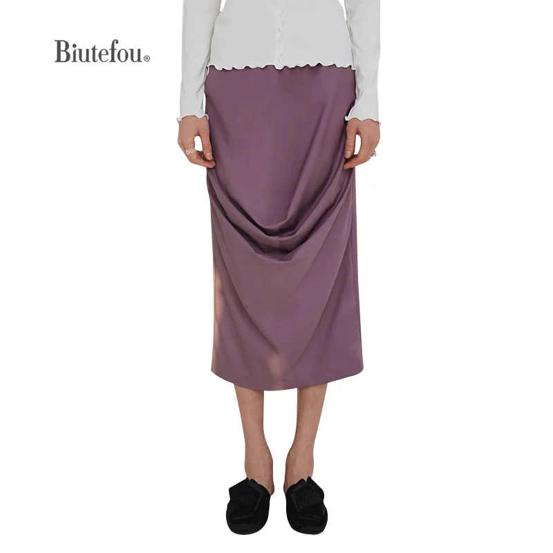 

【Biutefou】Original Design 2022 Spring Women Gray Purple High Waist Pleated Skirt