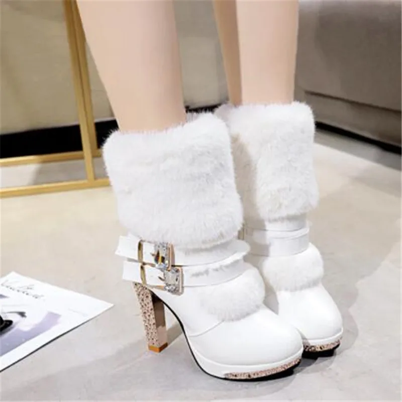 Купи Winter Women Boots Christmas Ankle Boots High Heels Ladies Shoes Femme Warm Short Boots Red Black Shoes Plus Size 35-41 за 545 рублей в магазине AliExpress