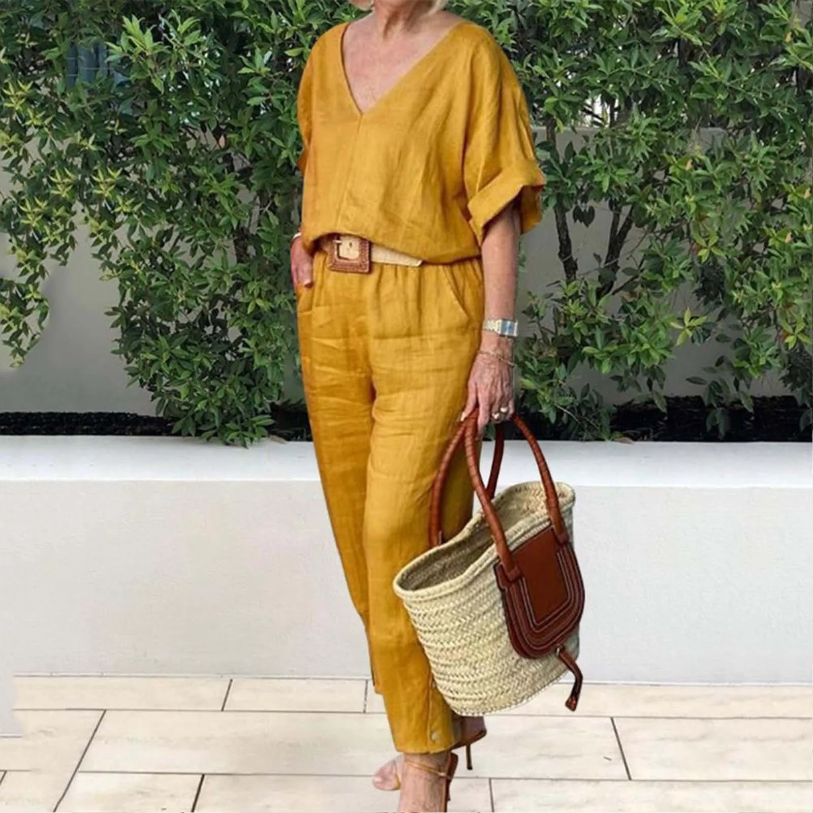 Комплекты брюк из хлопка и льна женский спортивный костюм топ с v-образным