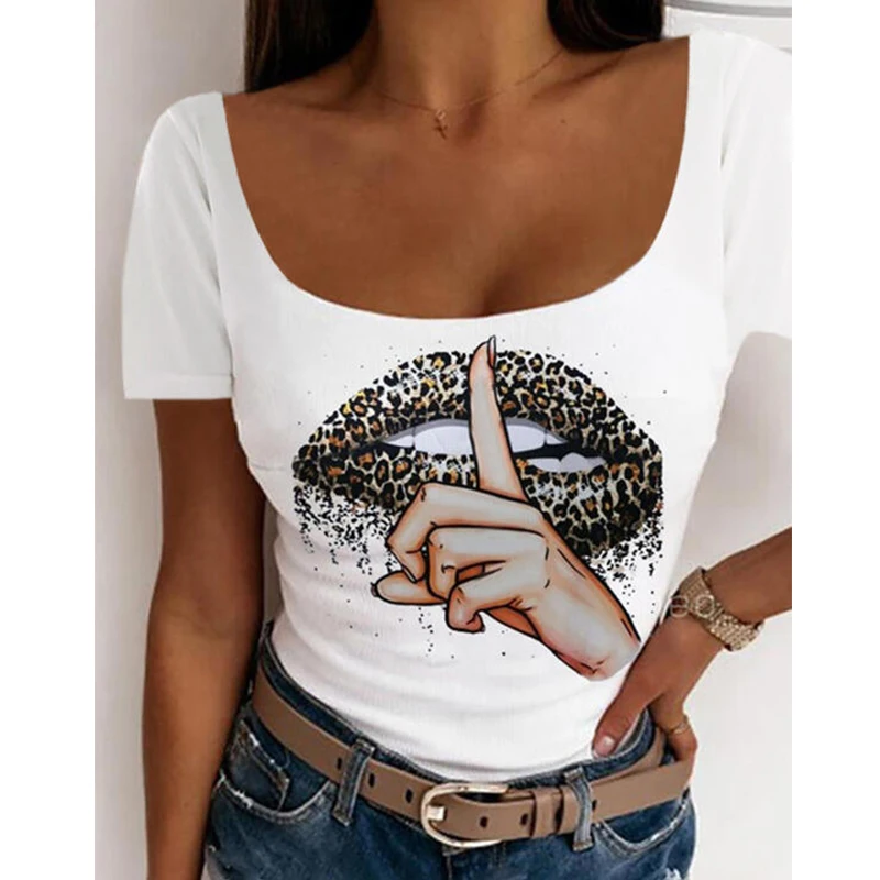 

Sexy 5XL Plus Size O-neck Lip Print Printed Women's Short Sleeve T-shirt 2022 Loose Top Casual T-shirt Vestidos Para Mujer