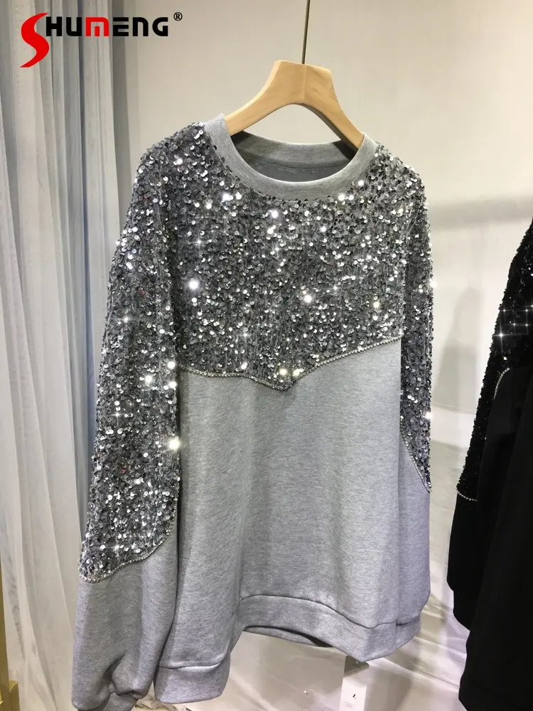 

Ladies Loose Sequins Gray Sweatshirt Streetwear Women's Handmade Beaded Round Neck Long Sleeve Clothes Autumn and Winter 2022