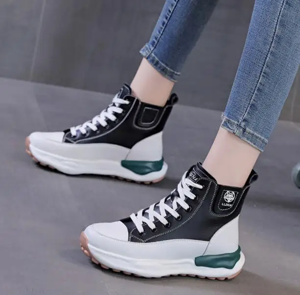 Women Small White Shoes All-Match Soft Sole High-Top Genuine Leather Plus Cashmere Ladies Shoes Autumn Winter Students Footwear