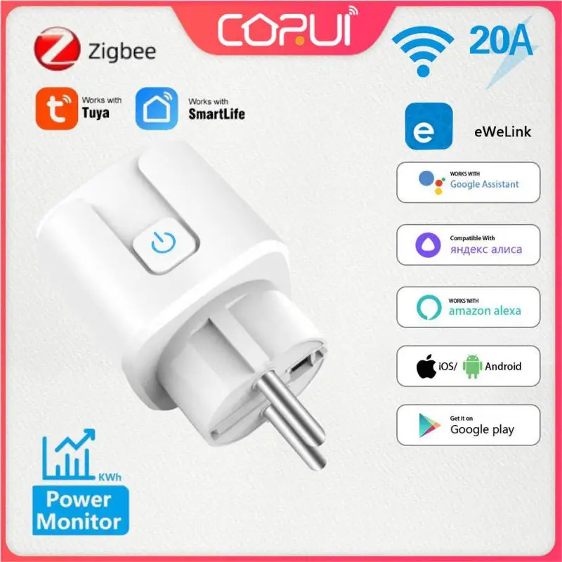 

CORUI EWelink WiFi Smart Socket 20A EU Smart Plug ZigBee Tuya With Power Monitoring Alexa Google Home Yandex Alice Voice Control