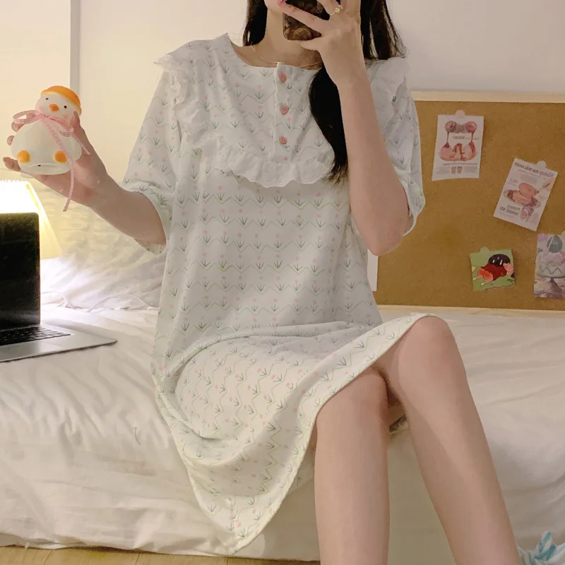 

Korean Pajamas for Women Sweet Doll Collar Ins Nightdress Summer Pijama New Short-sleeved Sleepwear Lace Pyjama Outside Homewear