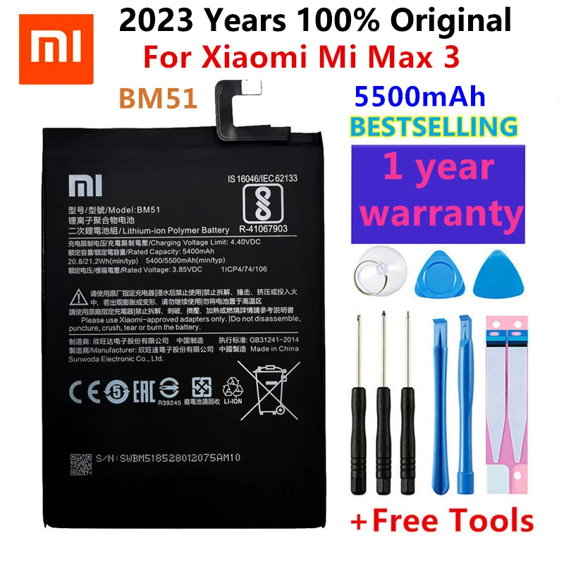 

100% Original Replacement Battery For Xiaomi Mi Max3 Max 3 BM51 Genuine Phone Battery 5500mAh+Free Tools+Free Stickers