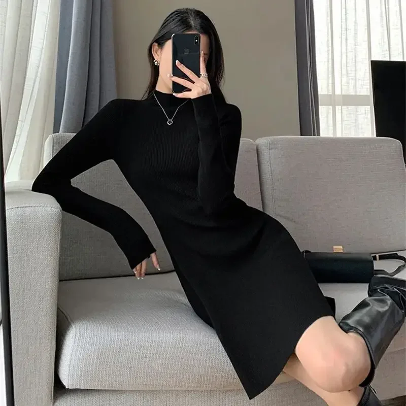 Новое осенне-зимнее вязаное платье-свитер женское облегающее платье с