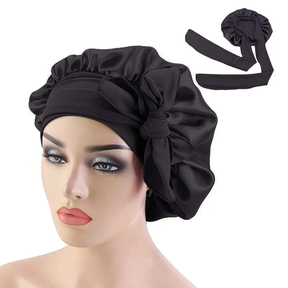 

Women Solid Satin Bonnet with Wide Stretch Ties Long Hair Care Night Sleep Hat Adjust Hair Styling Cap Silk Head Wrap Shower Cap