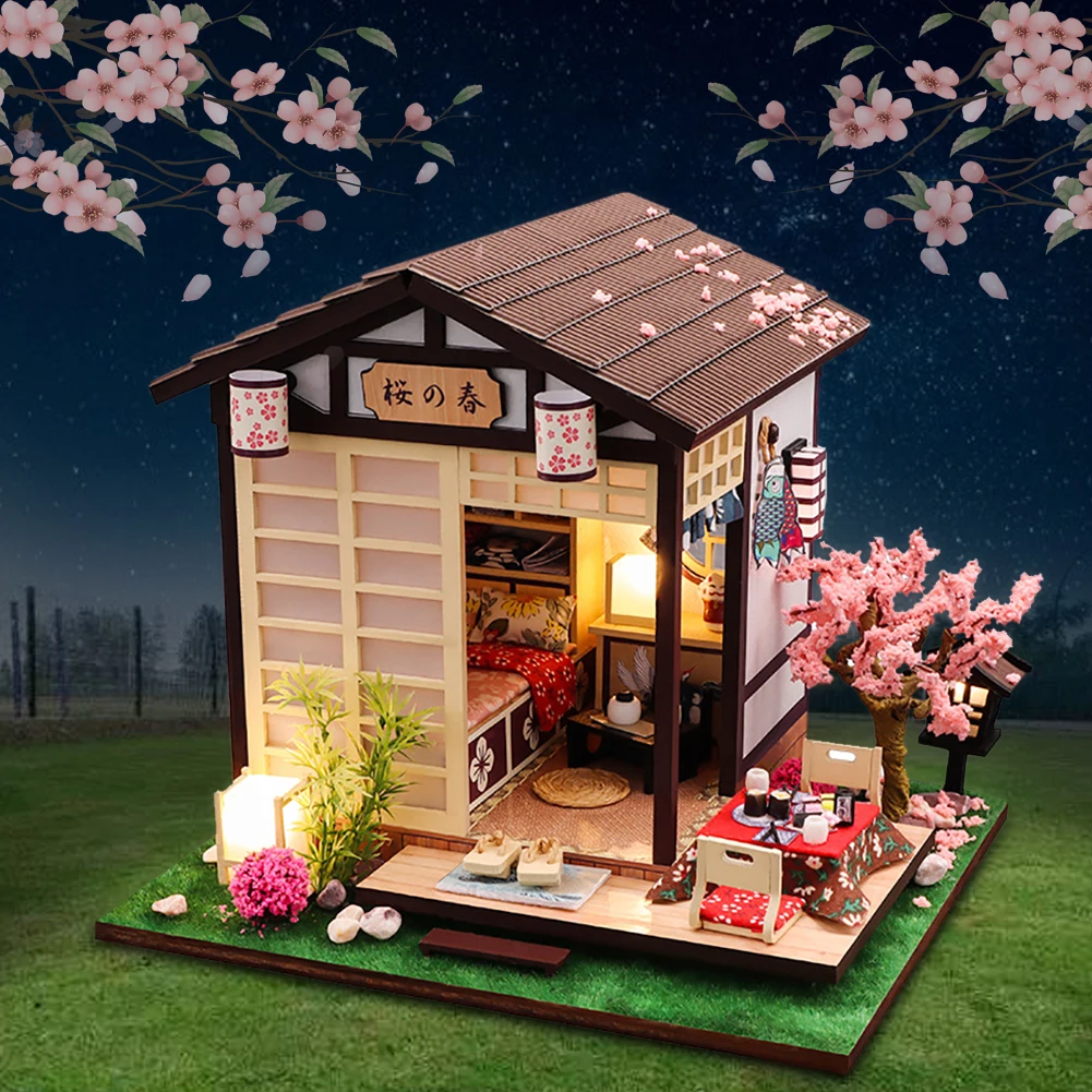 BZDA DIY Wooden Dollhouse Japanese Sushi Restaurant Sakura Assembled Miniature With Furniture Doll House Puzzle Toy For Children | Игрушки и