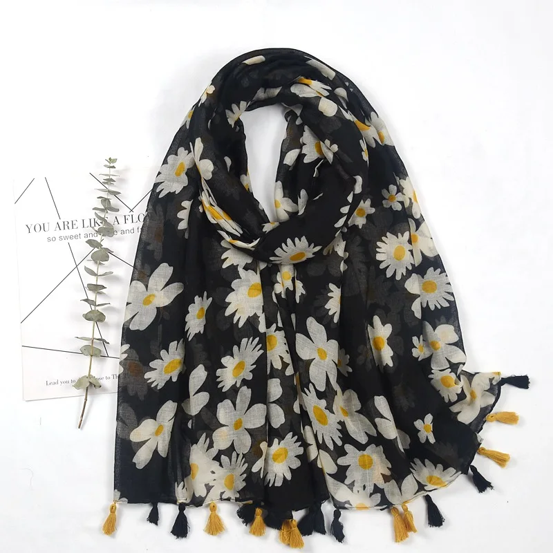 

2022 Fashion Luxury small daisy flower Tassel Viscose Shawl Scarf Lady High Quality Wrap Pashmina Stole Bufandas Muslim Hijab