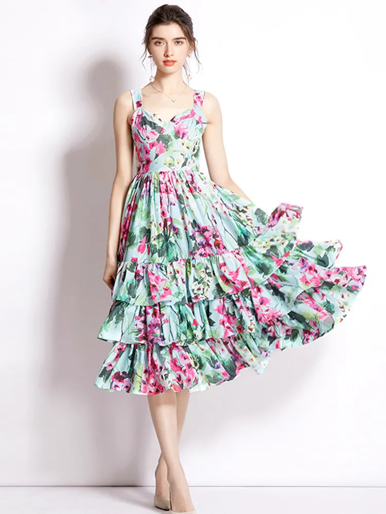 

Женское модельное праздничное платье миди, привлекательное многослойное плиссированное платье на бретелях-спагетти с цветочным принтом и ...