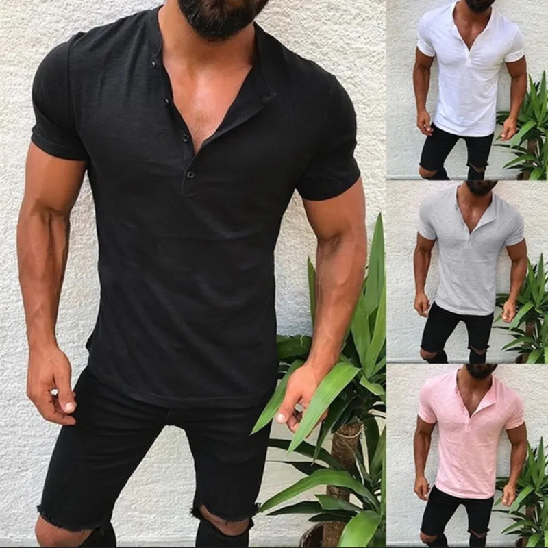 

Gentleman Solid Polo Shirts 2021 Spring Summer Men's Poloshirt Short Sleeve Sexy V Neck Buttons Cotton Clothing