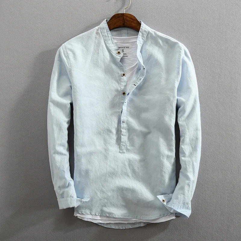 Helisopus Winter New Men's Cotton Linen Shirt Japanese Retro Stand Collar Solid Pullover Harajuku Male Shirt Plus Size 5XL