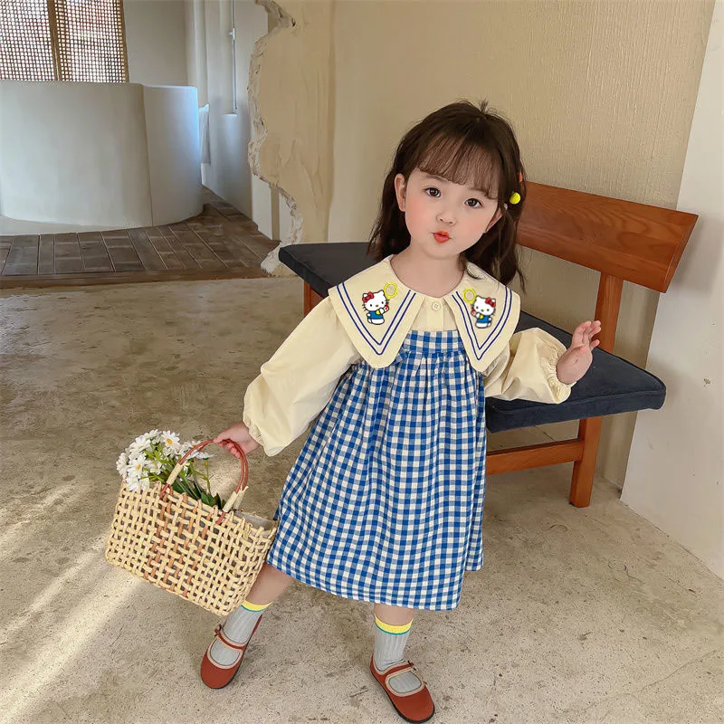 

Kawaii Sanrios Hello Kitty детская одежда с героями мультфильмов на весну и осень рубашка для девочек с ремешками платье с кукольным воротником платье принцессы