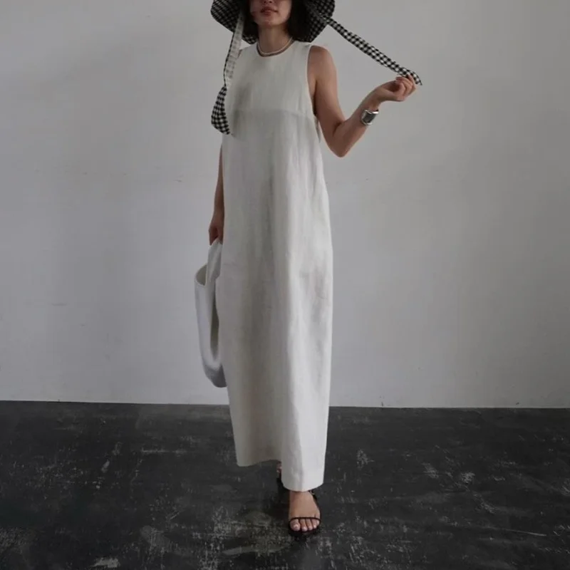 

Retro Literary Style Design Sense Simple Dress Slim Thin Straight Long Vestidos Japanese Summer Sleeveless Femme Robe