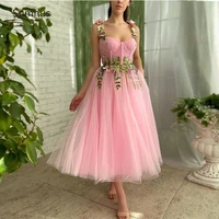 sumnus pink stunning tulle prom dresses sweetheart tea length a line 3d flowers spaghetti straps soir%c3%a9e party gowns custom made