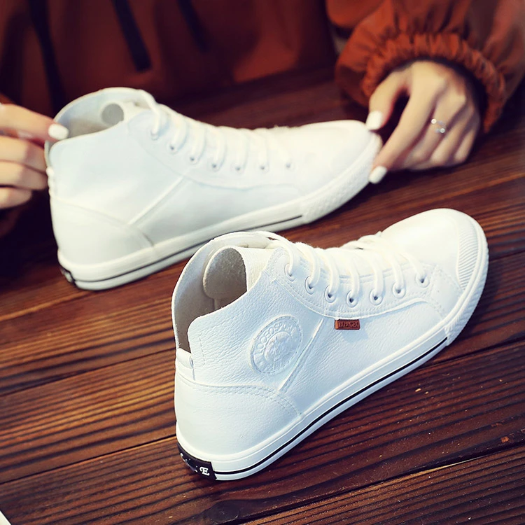 

New 2023 Spring Autumn Fashion White Leather Trainers Sneakers Women Casual Shoes Black Breathable High Top Women Sneakers B1-02