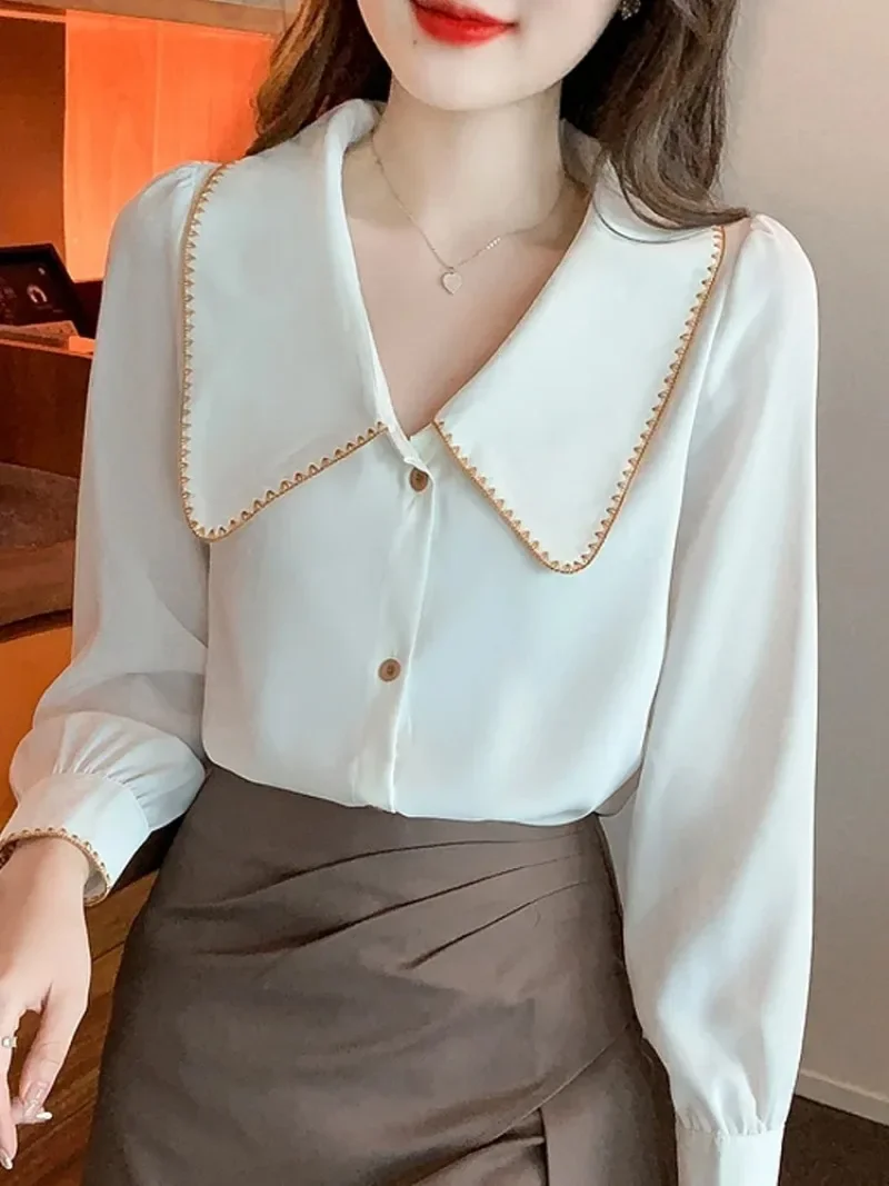 Женская шифоновая блузка с отложным воротником длинным рукавом