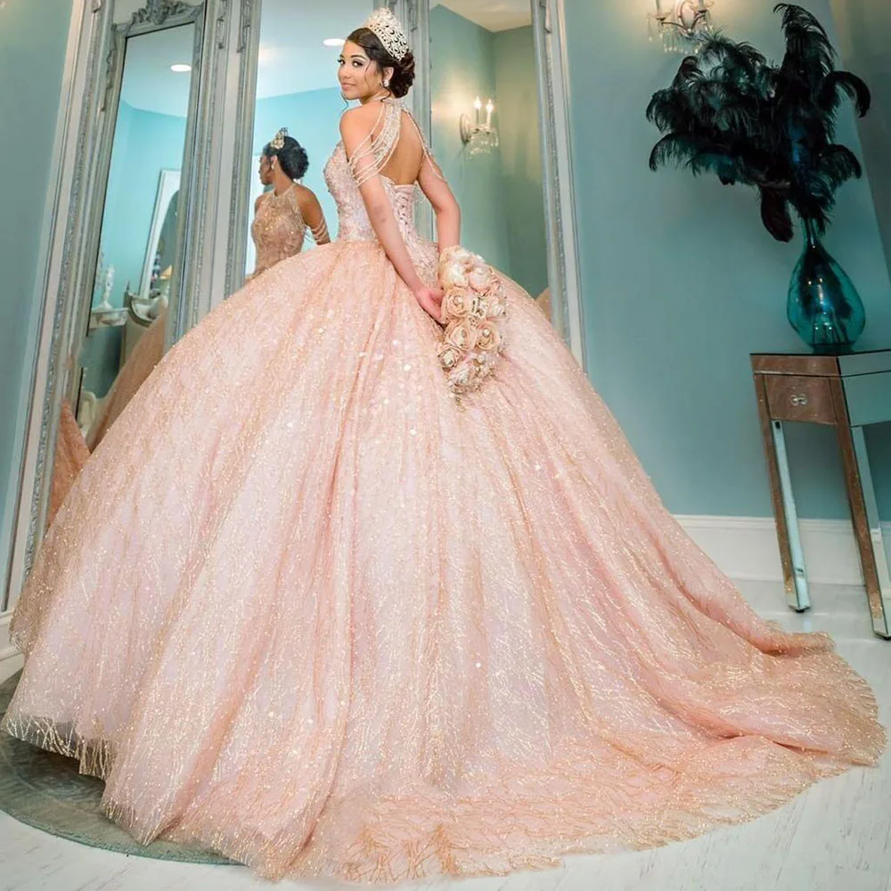

2022 Shiny Sequined Ball Gown Sweet 16 Dress Lace Quinceanera Dresses High Neck Crystal Beading Off Shoulder Beading Vestido