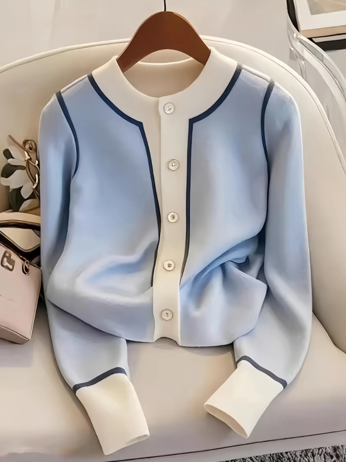 Синий вязаный мягкий клеевой свитер женская одежда осень-зима 2024 новый шикарный