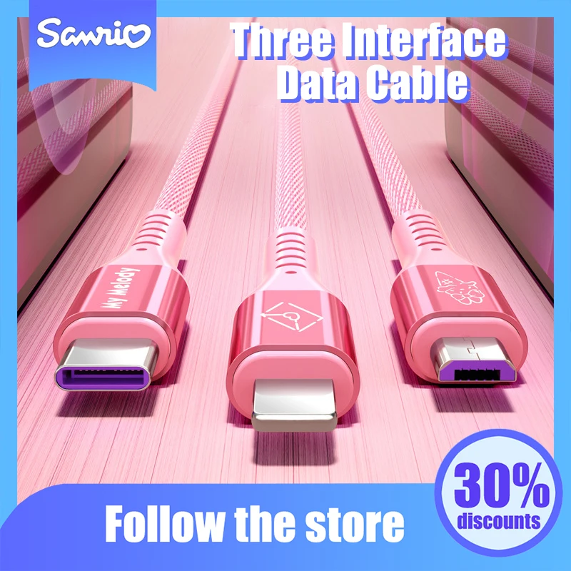 

Kawaii Sanrio Anime Three Interface Data Cable Cute Pompompurin Kuromi Multifunctional Data Cable Originality Children Gifts