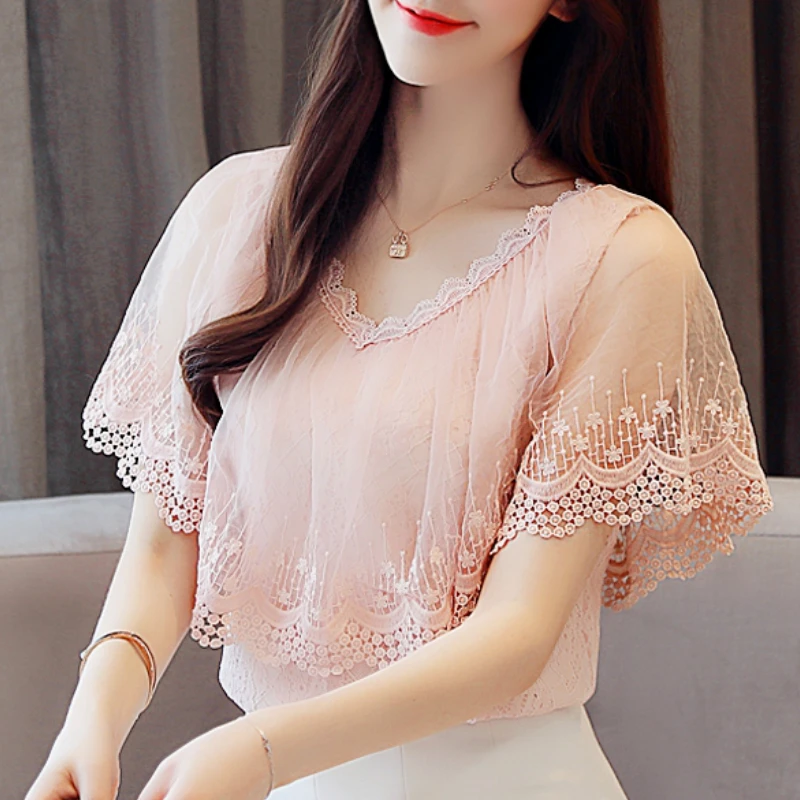 

Fashion Womens Tops And Blouses V Collar Lace Blouse Shirt Short Sleeve Women Shirts Summer Tops Elegante Blouse Women Top A866