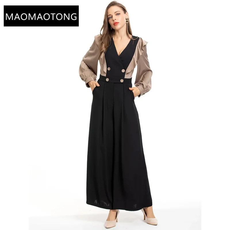 

Fashion Designer Autumn Jumpsuits Women V-neck Long Sleeves Ruffles Patchwork Vintage Wide Leg Pants