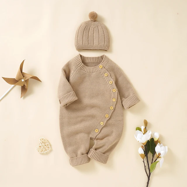 Baby Girls Rompers Clothes Autumn Solid Long Sleeve Knitted Newborn Infant Boys Onesie Hats Outfits Toddler Children Jumpsuits 1