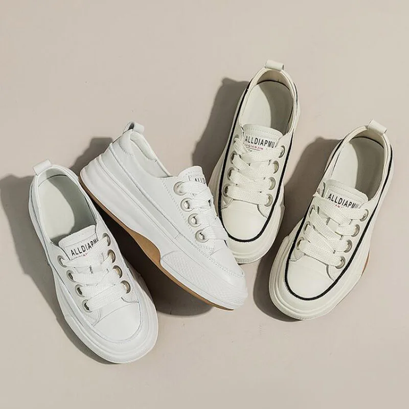 2023 Net Red Popular Split Leather Sneakers Women Spring Flat Platform Shoes Round Toe Breathing Student White Beige Flats 1009