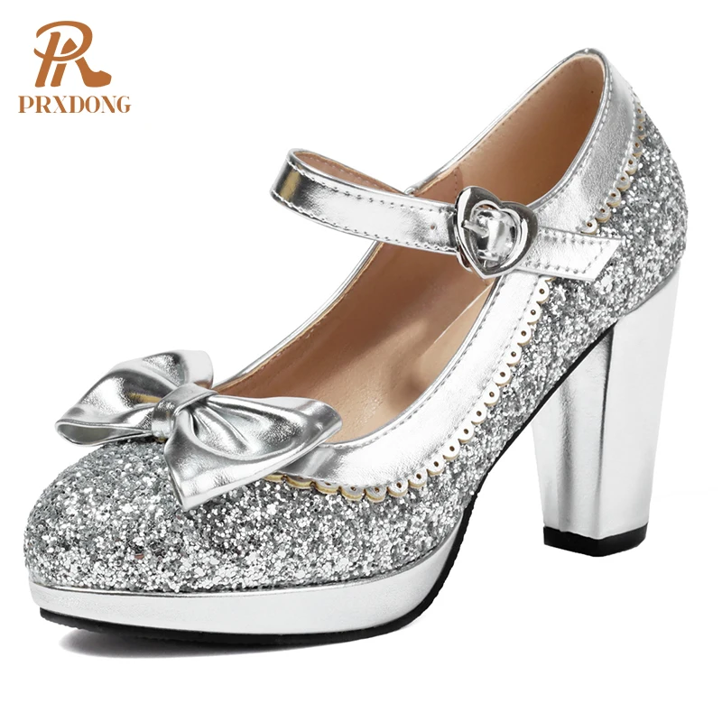 Женские туфли-лодочки на массивном каблуке золотистые/Серебристые