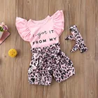 Детский летний комплект из 3 предметов, комбинезон с рукавами-фонариками и надписью, шорты с леопардовым принтом и повязка на голову с бантом для маленьких девочек, 2022