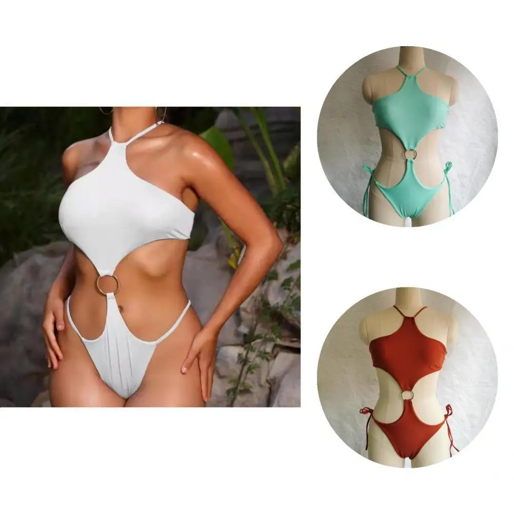 

Lacing-up Slim Summer Waist Cut Out Halter Romper Swimsuit for Vacation
