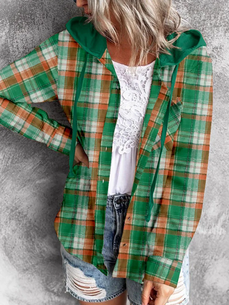 

Клетчатая Осенняя рубашка с капюшоном, Женская Повседневная однобортная блузка, винтажная Свободная верхняя одежда с длинным рукавом, Женская Ретро рубашка в клетку с отворотом