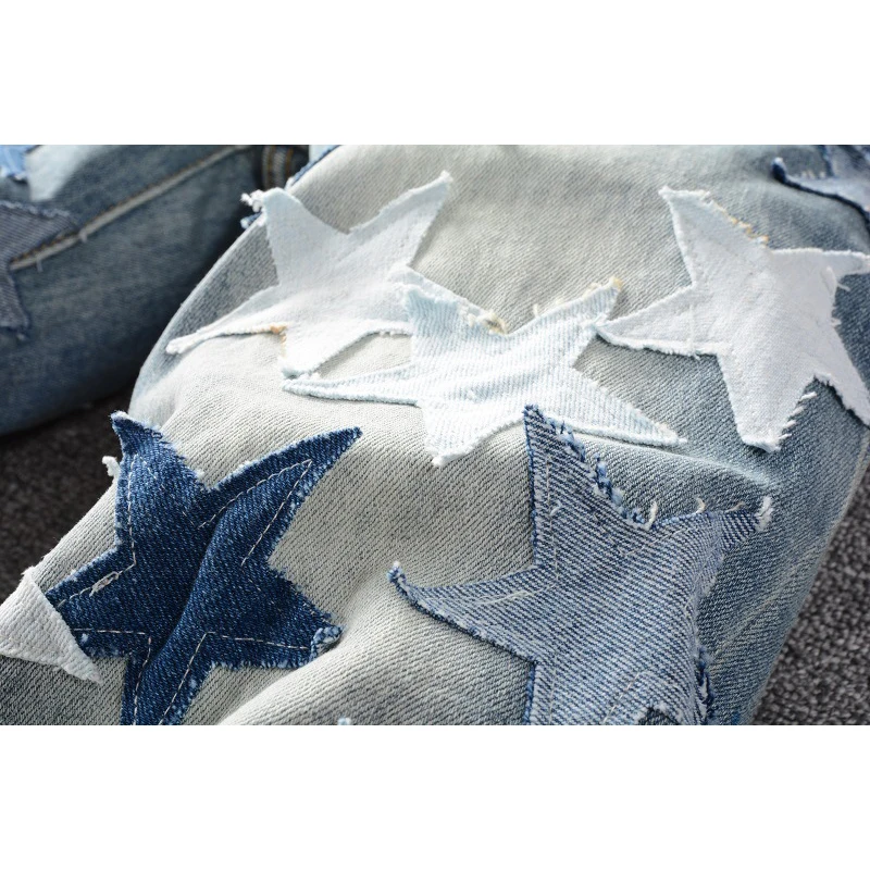 AM Luxury Brand Men's Jeans Light Indigo Star Patchwork Embroidery Skinny Denim Pants Harajuku Men Slim Fit Ripped Pencil Jeans