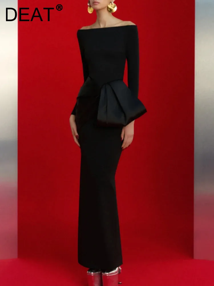 DEAT Элегантное платье с разрезом на шее длинным рукавом и пятнистой талией сзади