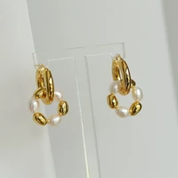brass with 18k gold real natural pearl beads earrings women jewelry party boho t show gown runway rare korean japan trendy