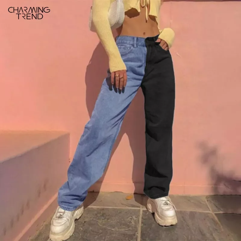 

2022 Autumn Winter Patchwork Straight Women's Jeans Baggy Vintage High Waist Boyfriends Mom Denim Streetwear Fashion Pants L