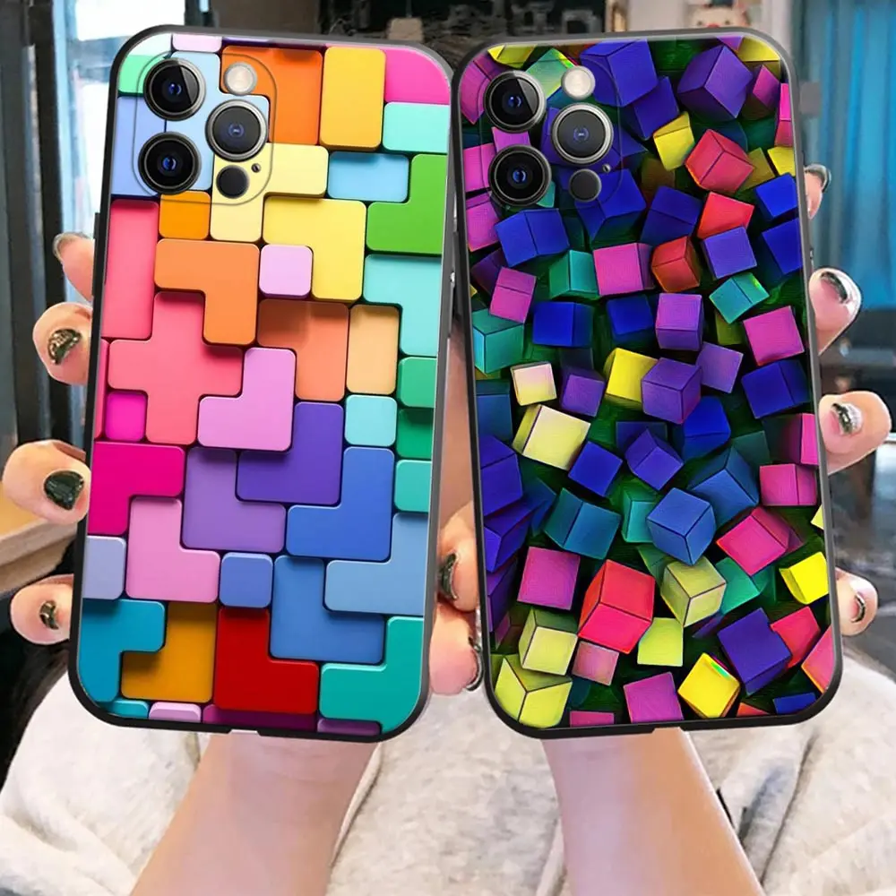 

3D Colorful Block Phone Case for iPhone 5 6 7 8 Plus SE 2020 2022 11 12 13 Pro Xs Max Mini XR X S Case Black Soft Silicone Cover