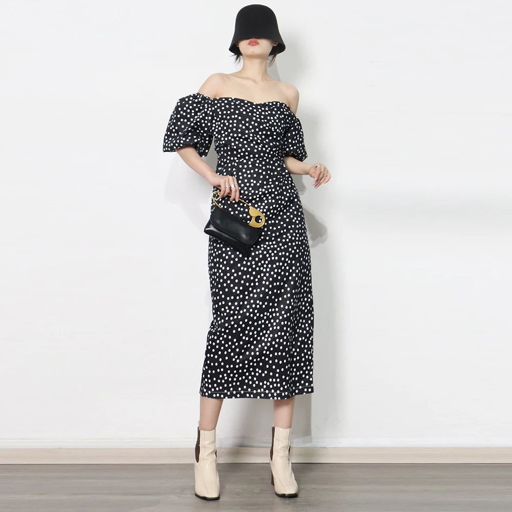 

Print Polka Dots Dress For Women Square Collar Short Sleeve High Waist Colorblock Midi Dresses Female Fashion Style