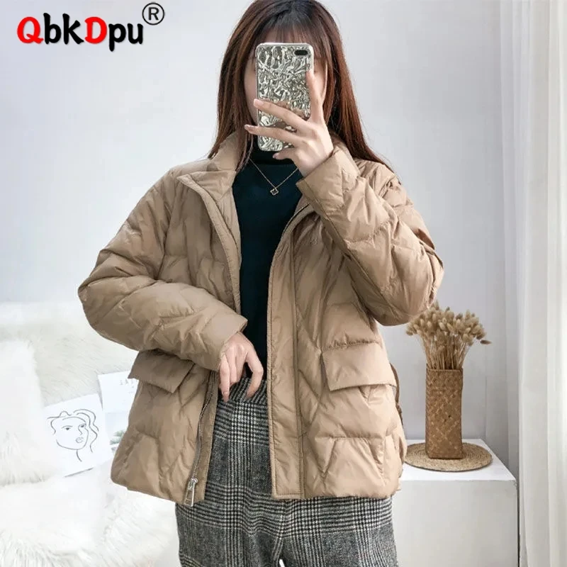 

Korean Stand Collar Long Sleeve Woven Thin Short Jackets Women Parkas Elegant Snow Wear Casual Warm Duck Down Winter Coat
