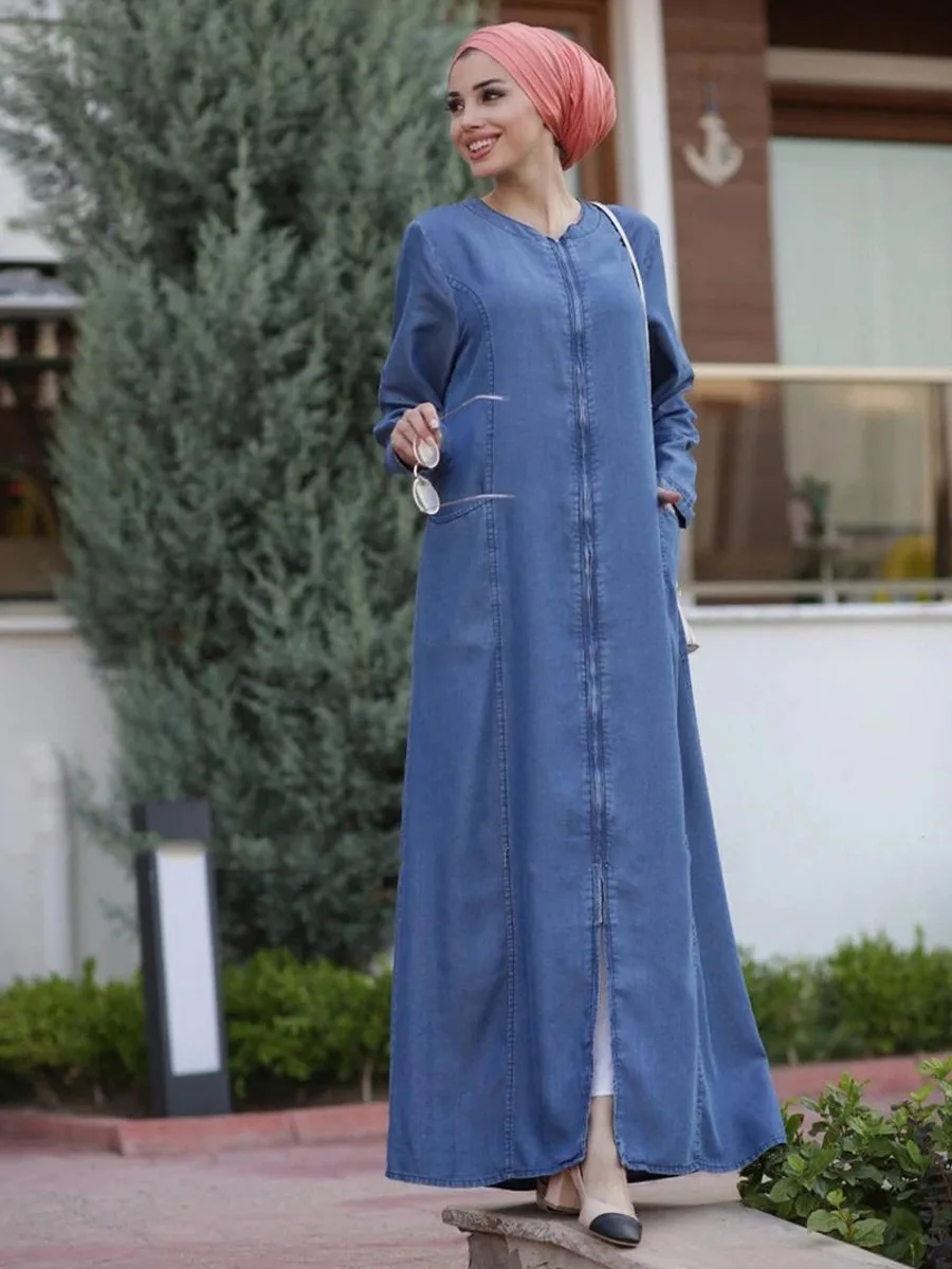 Cotton Denim Dress for Women Zipper Up O Neck Long Sleeve Casual Arabic Muslim Clothes Side Pockets Autumn 2022