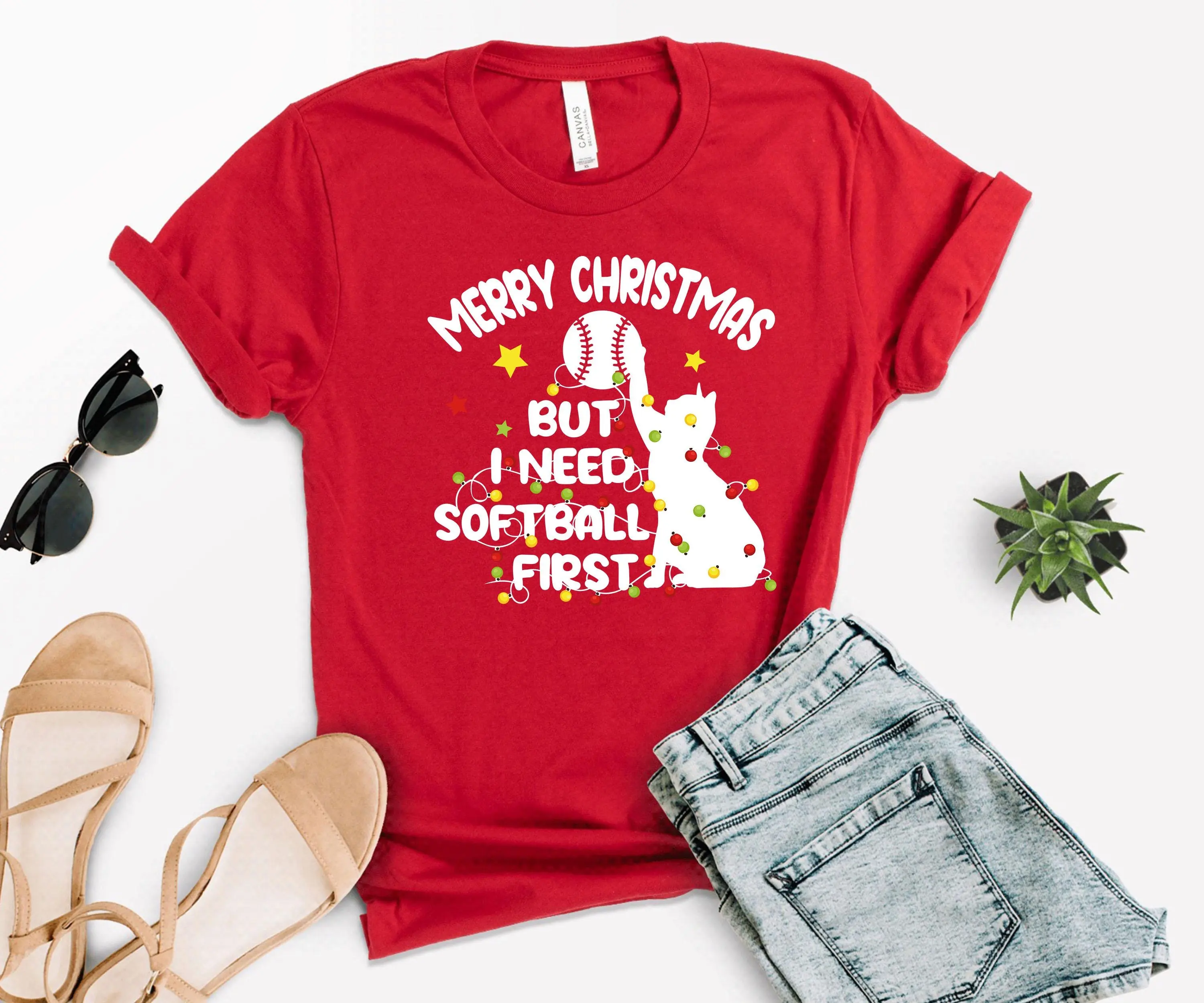 Рождественская футболка с мячом для софтбола легкая спортивная Санты милый