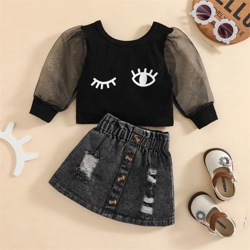 

Baby Girls 2PCS Skirt Set Printed Long Mesh Puff Sleeve Crew Neck Crop Tops Shirt Ripped Buttons Short Denim Skirt Outfit
