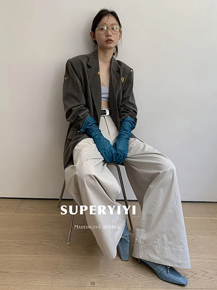 Женское однобортное пальто BZVW осеннее в полоску с длинными рукавами и вышивкой