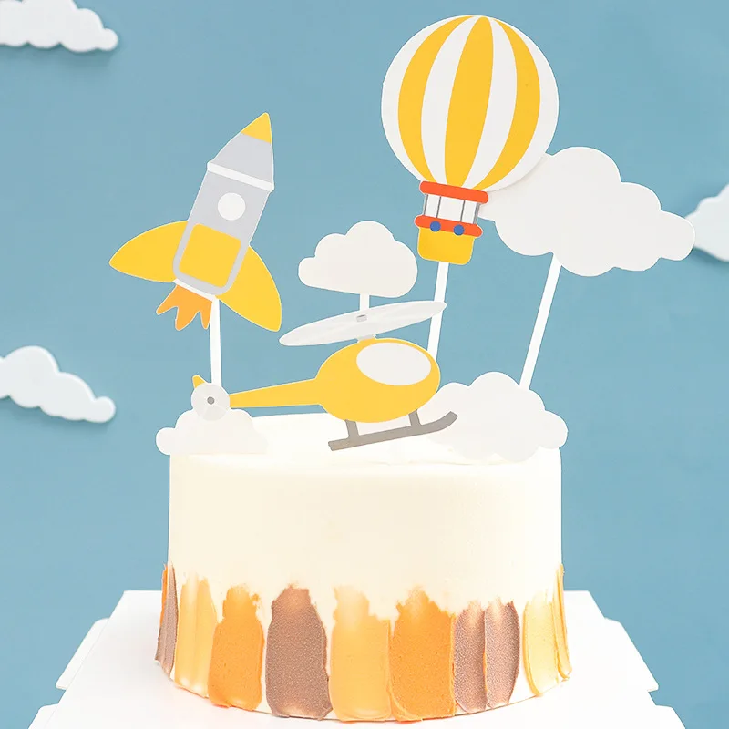 

4P DIY Cake Topper Airplane Hot Air Ballon Birthday Flags Rocket Cloud Baby Shower Wedding Party Baking Decor Cupake Insert Card