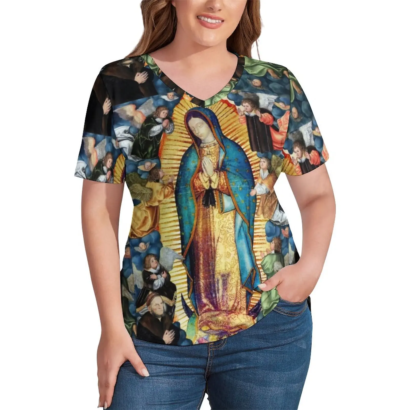 

Guadalupe Virgin Mary T-Shirt Plus Size Cute Angels Kawaii T-Shirts Short Sleeve V Neck Streetwear Tshirt Women Beach Print Tops