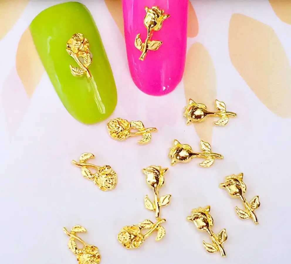 

10Pcs/Lot 5*9mm 4*8mm Gold Silver Rose Flower 3D Metal Alloy Nail Art Decorations Nail Gel Sticker Charms for Women