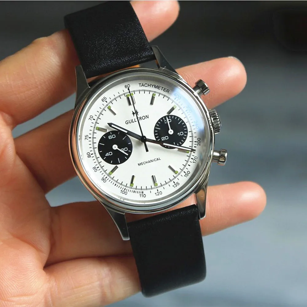 

40mm Men's Aviation Pilot Watch ST1901 Manual Winding Chronograph Panda Dial Luminous Leather Waterproof Busines Wristwatch Cool