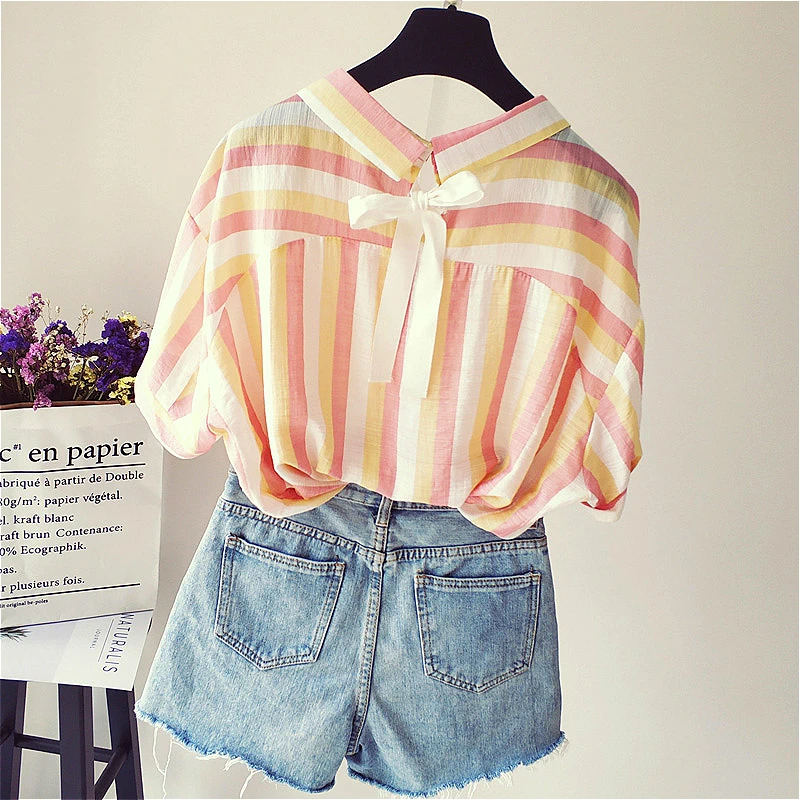 

Striped Chiffon Women Blouse Back Bow 2022 Turn-down Collar Half Sleeved Loose Chiffon Casual Lady Elegant Outwear Coat Tops