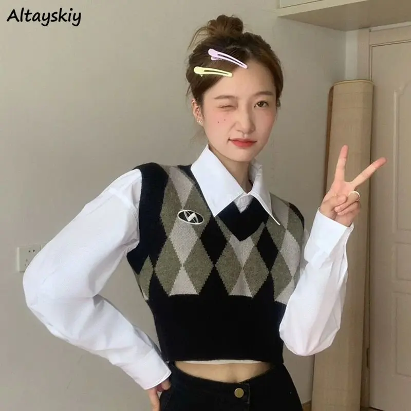 

Sweater Vest Women Green American Retro Argyle Autumn Winter Causal All-match V-neck Knitting Cute Embroidery Soft Chic Simple